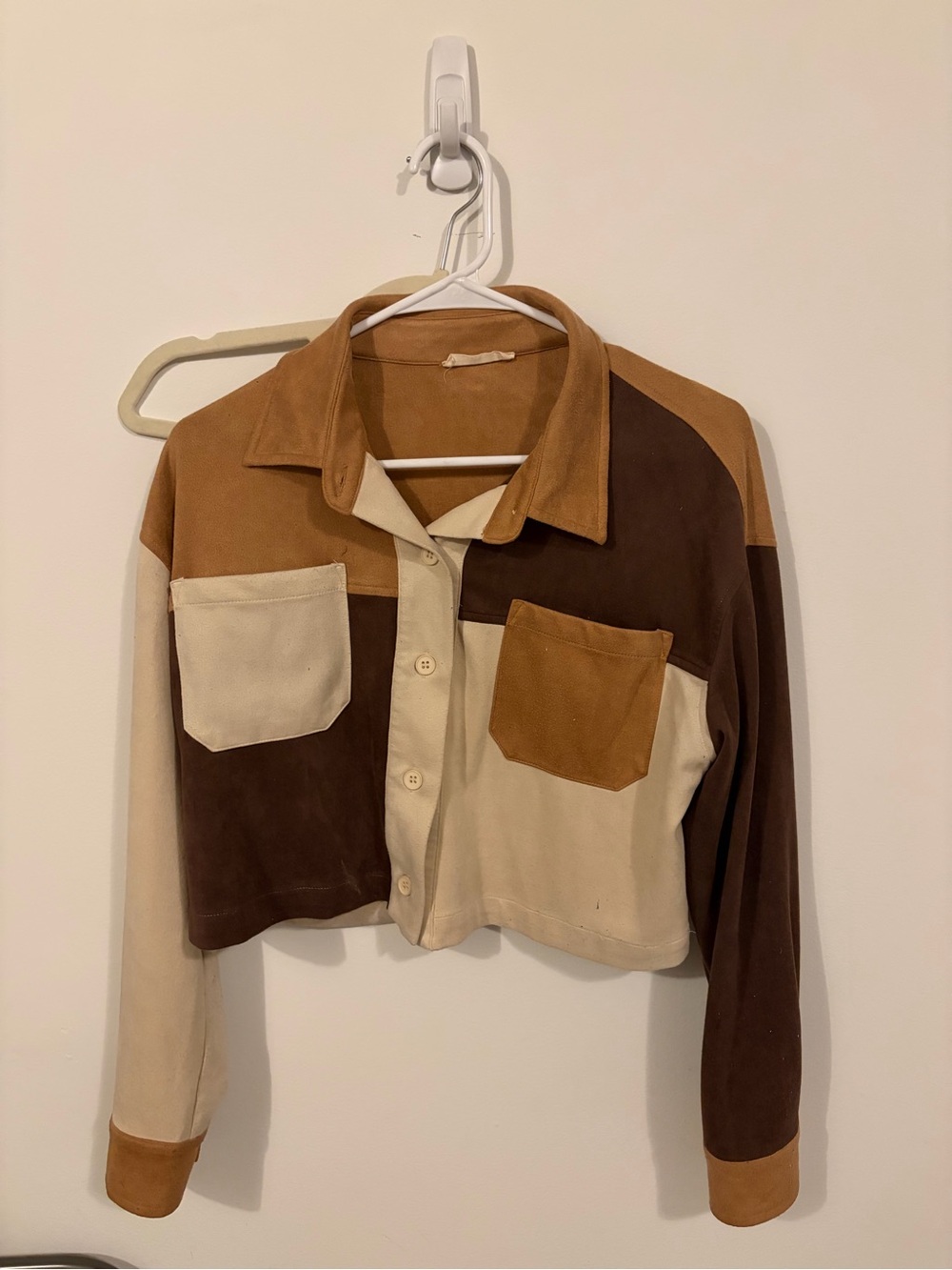 Colorblock Cropped Brown Button Up Top